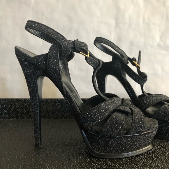 SAINT LAURENT TRIBUTE GLITTER HEELS YSL PLATFORMS - Picture 1 of 8